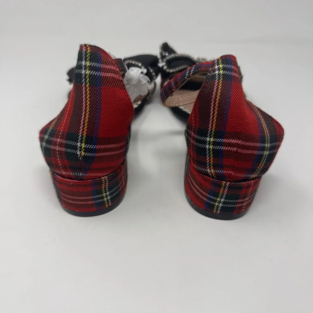 Betsey Johnson ZAYLE Kids Red Plaid Rhinestone Bow Ankle Strap Sandals‎ Size 5M